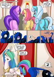 Size: 955x1351 | Tagged: safe, artist:mysticalpha, amethyst star, dizzy twister, linky, orange swirl, princess celestia, princess luna, shoeshine, sparkler, alicorn, earth pony, pony, unicorn, comic:day in the lives of the royal sisters, comic, crown, cute, cutelestia, dialogue, dock, eyes closed, face down ass up, featureless crotch, female, horseshoes, jewelry, lunabetes, magic, mare, open mouth, peytral, pictogram, plot, regalia, royal sisters, sleeping, speech bubble, tail, tail pull, telekinesis, wide eyes, wump, z, zzz