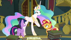 Size: 1920x1080 | Tagged: safe, screencap, princess celestia, sunset shimmer, twilight sparkle, twilight sparkle (alicorn), alicorn, pony, unicorn, better together, equestria girls, forgotten friendship, book, door, ethereal mane, female, library, mare, reunion, stairs, the prodigal sunset, trio