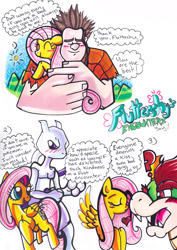 Size: 642x907 | Tagged: safe, artist:aurora-chiaro, fluttershy, pegasus, pony, blushing, bowser, confused, crossover, dialogue, hnnng, hug, kissing, mewtwo, nose kiss, pokémon, super mario bros., talking, traditional art, wreck-it ralph