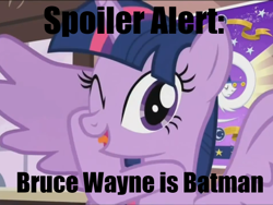 Size: 512x384 | Tagged: safe, derpibooru import, twilight sparkle, twilight sparkle (alicorn), alicorn, pony, three's a crowd, batman, bruce wayne, captain obvious, dc comics, female, image macro, mare, no shit sherlock, solo, spoiler alert, wink, you don't say