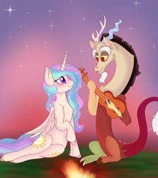 Size: 1250x1400 | Tagged: safe, artist:pigzfairy, discord, princess celestia, alicorn, pony, both cutie marks, campfire, dislestia, female, guitar, male, shipping, straight, twilight (astronomy), unshorn fetlocks