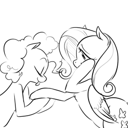 Size: 900x900 | Tagged: safe, artist:glacierclear, fluttershy, pinkie pie, earth pony, pegasus, pony, eyes closed, female, flutterpie, hoof licking, lesbian, licking, monochrome, shipping, tongue out