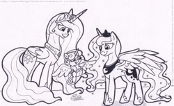 Size: 1024x627 | Tagged: safe, artist:artistnjc, princess celestia, princess flurry heart, princess luna, alicorn, pony, aunt and niece, auntie luna, auntlestia, family, female, foal, mare, monochrome, royal sisters, simple background, smiling, spread wings, traditional art