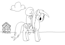 Size: 650x450 | Tagged: safe, derpy hooves, oc, oc:anon, pony, /mlp/, 4chan, black and white, grayscale, monochrome, msponyadventures, ponyville, riding