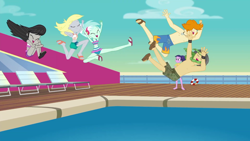 Size: 1280x720 | Tagged: safe, screencap, baewatch, derpy hooves, lyra heartstrings, octavia melody, sandalwood, valhallen, equestria girls, equestria girls series, i'm on a yacht, spoiler:eqg series (season 2), belly button, bikini, clothes, feet, female, flip-flops, legs, male, male feet, midriff, sandals, shorts, swimming pool, swimming trunks, swimsuit