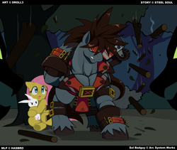 Size: 1267x1067 | Tagged: safe, artist:droll3, angel bunny, fluttershy, pegasus, pony, timber wolf, angry, crossover, fanfic art, guilty gear, muscles, ponified, sol badguy