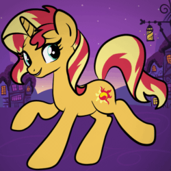 Size: 849x849 | Tagged: safe, artist:sjart117, sunset shimmer, firefly (insect), pony, unicorn, equestria girls, animated, barely animated, female, gif, house, lamp, looking back, mare, mountain, night, ponyville, raised hoof, solo, stars, towntown