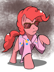 Size: 1536x2048 | Tagged: safe, artist:samoht-lion, pinkie pie, earth pony, pony, abstract background, candy, clothes, crossover, cutie mark on clothes, female, fight club, food, lollipop, mare, raised hoof, solo, sunglasses