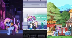 Size: 558x299 | Tagged: safe, oc, oc:eve scintilla, earth pony, pony, clothes, glasses, lab coat, photoshop, pixel art, pony town, stockings, thigh highs