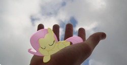 Size: 2061x1059 | Tagged: safe, artist:bryal, fluttershy, hand, irl, photo, ponies in real life, sleeping, tiny ponies