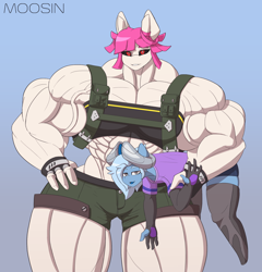 Size: 1920x2000 | Tagged: safe, artist:mopyr, oc, oc only, oc:fort, oc:moosin, anthro, hybrid, original species, black sclera, clothes, couple, evening gloves, gloves, horn, long gloves, muscles, outfit, overdeveloped muscles, size difference, socks, stockings, thigh highs, wide hips