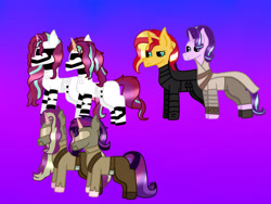 Size: 2048x1536 | Tagged: safe, artist:lightningbolt39, starlight glimmer, sunset shimmer, oc, oc:dawn light (ice1517), oc:dusk fire (ice1517), oc:evening glitter, oc:shadow shine, pony, unicorn, armor, belt, boots, brother and sister, clothes, cosplay, costume, family, female, first order, gradient background, helmet, icey-verse, kylo ren, lesbian, magical lesbian spawn, male, mare, mother and child, mother and daughter, mother and son, offspring, pants, parent and child, parent:starlight glimmer, parent:sunset shimmer, parents:shimmerglimmer, resistance, rey, reylo, robe, shimmerglimmer, shipping, shirt, shoes, siblings, sisters, stallion, star wars, stormtrooper, twins