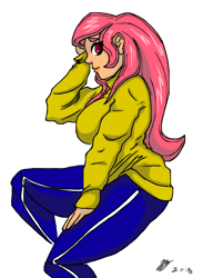 Size: 1100x1500 | Tagged: safe, artist:squintinturninchino, fluttershy, human, big breasts, breasts, clothes, female, humanized, red eyes, solo, sweater, sweatershy