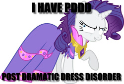 Size: 960x653 | Tagged: safe, rarity, pony, unicorn, friendship is witchcraft, clothes, derp, dress, image macro, insanity, meme, messy mane, ptsd, raised hoof, rariderp, that pony sure does love dresses