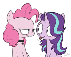 Size: 1280x1024 | Tagged: safe, artist:modocrisma, pinkie pie, starlight glimmer, earth pony, pony, unicorn, :p, alternate design, alternate universe, au:lbau, bags under eyes, collar, colored sketch, depressed, doodle, duo, female, frown, grumpy, looking at each other, mare, mlem, pinkamena diane pie, silly, simple background, sketch, tongue out, unamused, upset, watermark, white background