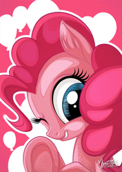 Size: 955x1351 | Tagged: safe, artist:mysticalpha, pinkie pie, earth pony, pony, cute, diapinkes, fourth wall, solo, underhoof, wink