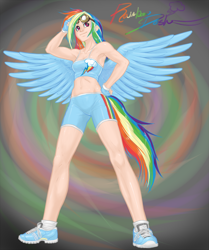 Size: 1088x1300 | Tagged: safe, artist:aphexangel, derpibooru import, rainbow dash, human, armpits, belly button, clothes, fetish, gloves, goggles, humanized, midriff, shorts, smiling, sneakers, sneakers fetish, solo, tailed humanization, tanktop, winged humanization