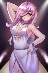 Size: 800x1200 | Tagged: safe, artist:tzc, derpibooru import, fleur-de-lis, human, anime, armpits, blushing, bracelet, breasts, cleavage, fleur-de-seins, hair over one eye, horn, horned humanization, humanized, jewelry, midriff, miss fleur is trying to seduce us, necklace