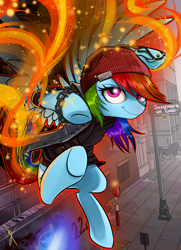 Size: 1444x1992 | Tagged: safe, artist:supermare, derpibooru import, rainbow dash, pegasus, pony, beanie, chains, clothes, crossover, delsin rowe, female, hat, infamous, infamous second son, looking at you, mare, smiling, smoke, solo, street