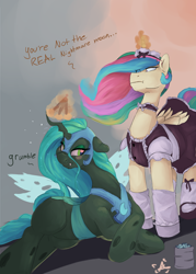 Size: 1024x1434 | Tagged: safe, artist:aquaticsun, princess celestia, queen chrysalis, alicorn, changeling, changeling queen, pony, armor, clothes, glowing horn, magic, maid, telekinesis