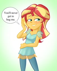 Size: 892x1100 | Tagged: safe, artist:lordfunkyfist, sunset shimmer, equestria girls, anti-bronybait, simple background, smiling, solo, talking to viewer, truth, your waifu will never love you