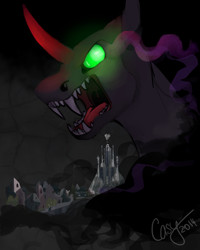 Size: 500x626 | Tagged: safe, artist:casynuf, derpibooru import, king sombra, pony, umbrum, unicorn, crystal empire, crystal palace, curved horn, dark magic, fangs, magic, sharp teeth, solo, sombra eyes, teeth