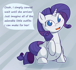 Size: 1123x1036 | Tagged: safe, artist:funble, rarity, pony, unicorn, belly button, blushing, cute, looking at you, preggity, pregnant, raised hoof, sitting, smiling, solo