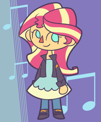 Size: 652x790 | Tagged: safe, artist:typhwosion, sunset shimmer, equestria girls, animal crossing, cute, music notes, no pupils, shimmerbetes, solo, style emulation