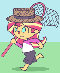 Size: 652x790 | Tagged: safe, artist:typhwosion, sunset shimmer, equestria girls, animal crossing, barefoot, cute, feet, hat, net, no pupils, shimmerbetes, solo, style emulation