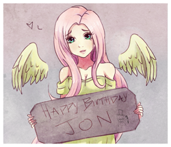 Size: 777x666 | Tagged: safe, artist:songoftheshoebox, fluttershy, human, cleavage, clothes, female, happy birthday, humanized, looking at you, solo, winged humanization, wings