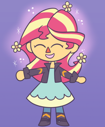 Size: 652x790 | Tagged: safe, artist:typhwosion, sunset shimmer, equestria girls, animal crossing, blue background, cute, eyes closed, flower, happy, open mouth, shimmerbetes, simple background, solo, style emulation