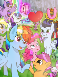 Size: 600x800 | Tagged: safe, cheese sandwich, derpy hooves, pinkie pie, rainbow dash, rarity, scootaloo, spike, sweetie belle, tank, twilight sparkle, twilight sparkle (alicorn), alicorn, dragon, earth pony, pegasus, pony, unicorn, balloon, food, muffin, rainbow falls (location), soarindash