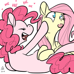 Size: 1200x1200 | Tagged: safe, artist:rwl, fluttershy, pinkie pie, earth pony, pegasus, pony, :p, cheek squish, cute, diapinkes, eyes closed, female, flutterpie, laughing, lesbian, mare, no pupils, on side, open mouth, shipping, shyabetes, silly face, simple background, smiling, squishy cheeks, tongue out, white background, wide eyes