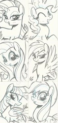 Size: 567x1200 | Tagged: safe, artist:ponygoddess, derpibooru import, applejack, fluttershy, pinkie pie, rainbow dash, rarity, twilight sparkle, twilight sparkle (alicorn), alicorn, earth pony, pegasus, pony, unicorn, female, mane six, mare, monochrome