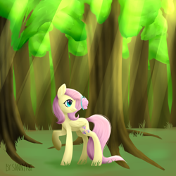 Size: 3000x3000 | Tagged: safe, artist:sannykat, fluttershy, butterfly, pegasus, pony, female, forest, mare, raised hoof, smiling, solo, tree