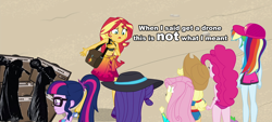 Size: 1280x581 | Tagged: safe, edit, edited screencap, screencap, applejack, fluttershy, pinkie pie, rainbow dash, rarity, sci-twi, spike, spike the regular dog, sunset shimmer, twilight sparkle, dog, equestria girls, equestria girls series, forgotten friendship, caption, drone metal, humane five, humane seven, humane six, image macro, meme, metal, sunn o))), text, wordplay