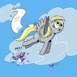 Size: 900x901 | Tagged: safe, artist:cartoon-eric, derpy hooves, bird, cloud, cross-eyed, flying, sky