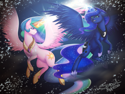 Size: 2500x1875 | Tagged: safe, artist:souladdicted, princess celestia, princess luna, alicorn, pony, the crystalling, blizzard, glowing horn, royal sisters, scene interpretation, signature, snow, snowfall, storm