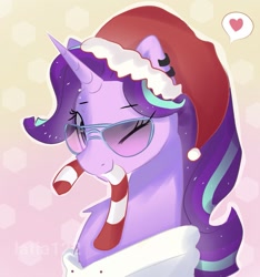 Size: 1101x1178 | Tagged: safe, artist:latia122, starlight glimmer, pony, unicorn, candy, candy cane, chest fluff, christmas, cute, ear piercing, earring, female, food, glimmerbetes, hat, heart, holiday, jewelry, looking at you, mare, mouth hold, one eye closed, pictogram, piercing, santa hat, solo, sunglasses, wink