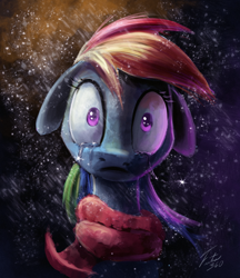 Size: 900x1043 | Tagged: safe, artist:tsitra360, derpibooru import, rainbow dash, pegasus, pony, tanks for the memories, 30 minute art challenge, clothes, crying, epic, female, floppy ears, mare, scarf, signature, snow, snowfall, solo