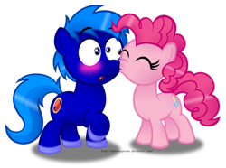 Size: 1024x763 | Tagged: safe, artist:aleximusprime, pinkie pie, oc, oc:rob stallion, earth pony, pony, blushing, canon x oc, commission, kissing, shipping, simple background, transparent background