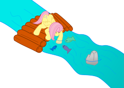 Size: 1169x827 | Tagged: safe, artist:phonicb∞m, artist:sketchy brush, fluttershy, fish, pegasus, pony, animal magnetism, bridge, cute, daaaaaaaaaaaw, river, rock, simple background, transparent background, vector, water