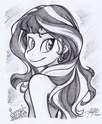 Size: 1280x1553 | Tagged: safe, artist:bcpony, sunset shimmer, human, equestria girls, ambiguous facial structure, clothes, female, signature, smiling, solo, traditional art