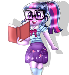 Size: 1541x1672 | Tagged: safe, artist:doraeartdreams-aspy, sci-twi, twilight sparkle, better together, equestria girls, book, bowtie, clothes, cute, glasses, looking at you, moe, open mouth, ponytail, skirt, socks, solo, thigh highs, twiabetes