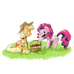 Size: 1024x1024 | Tagged: safe, artist:dedalocious, applejack, pinkie pie, earth pony, pony, apple, duo, female, mare