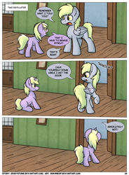 Size: 1400x1900 | Tagged: safe, artist:moemneop, derpy hooves, dinky hooves, pony, comic:shifting changelings lies and truths, butt, comic, duo, duo female, female, mother and child, mother and daughter, parent and child, plot