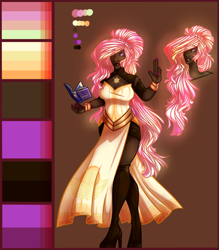 Size: 1280x1463 | Tagged: safe, artist:shimmering sunlight, princess celestia, human, book, dark skin, grin, hair over one eye, humanized, levitation, looking at you, magic, pink-mane celestia, reference sheet, smiling, solo, telekinesis