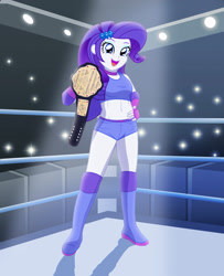 Size: 1954x2406 | Tagged: safe, artist:sumin6301, rarity, equestria girls, belly button, championship belt, clothes, fingerless gloves, gloves, looking at you, midriff, open mouth, shorts, solo, sports bra, spotlight, wrestling, wrestling ring