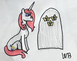 Size: 1280x1025 | Tagged: safe, artist:whistle blossom, derpibooru import, part of a set, fleur-de-lis, pony, unicorn, cutie mark, eyes closed, female, gravestone, implied fancypants, jesús barrero, mare, marker drawing, sad, signature, simple background, sitting, solo, traditional art, white background