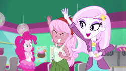 Size: 1920x1080 | Tagged: safe, derpibooru import, screencap, fleur-de-lis, pinkie pie, better together, choose your own ending, equestria girls, tip toppings, pink hair, sleeveless